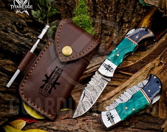 Personalized Handmade Damascus Steel Pocket Knife, American Flag designs, Wood Handle, Folding Knife, Anniversary Gifts for Husband
