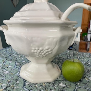 Vintage California Pottery Soup Tureen Set, White Ceramic Grape Vine Motif, Octagonal Footed Bowl (1960s-70s)