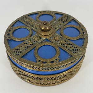 Antique Czech Pottery Trinket Box, Art Deco Cobalt Blue, Brass Filigree Overlay (13211)
