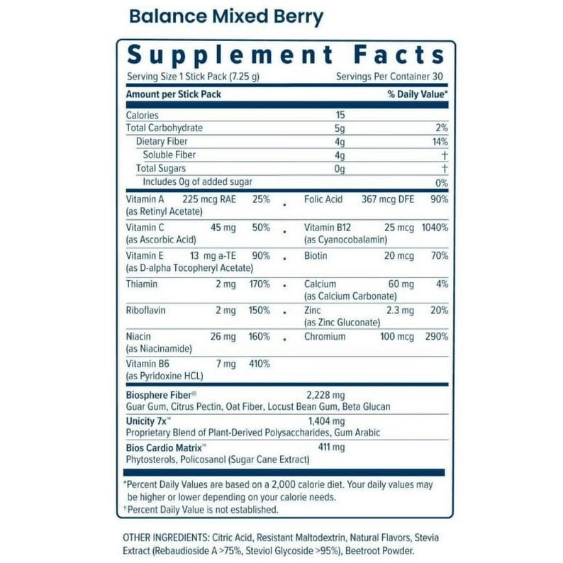 Puede incluir: Una etiqueta detallada de informaci&oacute;n nutricional para "Balance Mixed Berry". Muestra informaci&oacute;n nutricional por porci&oacute;n, incluyendo calor&iacute;as, vitaminas y minerales. Tambi&eacute;n incluye una lista de ingredientes como goma guar y extracto de stevia.