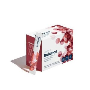 Puede incluir: Una caja blanca de suplemento diet&eacute;tico Unicity Balance con un dise&ntilde;o rojo y blanco. Un solo sobre del suplemento est&aacute; delante de la caja. La caja tiene las palabras "Balance" y "Unicity" impresas.