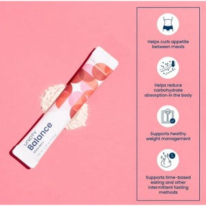 Puede incluir: Un sobre de polvo Unicity Balance Mixed Berry sobre un fondo rosa. El sobre es blanco con dise&ntilde;os circulares rojos y rosas. El texto en el sobre dice "Balance" y "Mixed Berry". La imagen tambi&eacute;n incluye iconos y texto sobre los beneficios del producto.