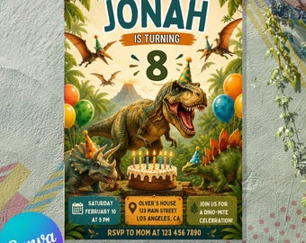 Dinosaur Birthday Invitation , Jurassic Jungle & T-Rex Theme Digital Invite, Editable Canva Template, Roarsome Kids Party, Instant Download.
