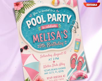 Summer Pool Party Birthday Invitation, Flamingo Pool Invite, Kids Summer Splash Water Activity Canva Template Editable Digital Download
