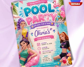 Editable Kpop Pool Party Invitation, Tween Girl Birthday Invite, Summer Canva Phone Invite Template Instant Digital Download