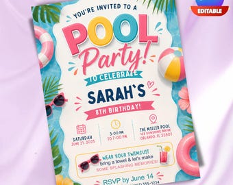 Pool Party Birthday Invitation Template, Editable Summer Swimming Kids Party Invite Card Instant (Digital Download)