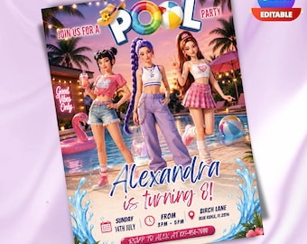 Kpop Hunters Summer Birthday Invitation Pool Demon Hunter Theme Party Anime Girl Invite Fantasy Pop Star Inspired Canva Digital Template