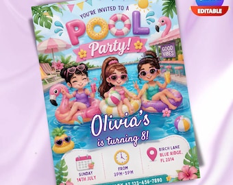 Kpop Demon Hunters Pool Party Birthday Invitation, Editable Huntrix Pool Party Birthday Invite, Printable, Huntrix Themed Pool Party Invite