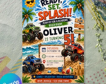 Monster Truck Pool Party Invitation, Splash Bash Birthday Invite Editable Monster Jam Boy Birthday Invite (Digital Download)