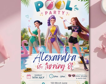 Kpop Hunters Summer Birthday Invitation Pool Demon Hunter Theme Party Anime Girl Invite Fantasy Pop Star Inspired Digital Canva Template