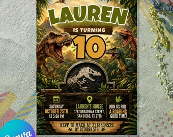 Editable Dinosaur Invitation, DInosaur Birthday Party Invitation, Dinosaur World Invite, T-Rex Party Invite, Jurassic Instant Canva Template