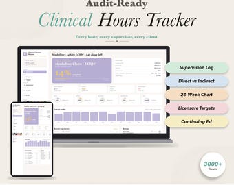 Clinical Hours Tracker Supervision Log Licensure Template LCSW LMSW LPC Therapy Time Tracker Counseling Hours No Google Sheets