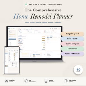 May include: A digital home remodel planner shown on a laptop and tablet. The planner includes features for tasks, budget, quotes, and room planning. The image also shows icons for lifetime access, no subscription, instant download, and a user guide.