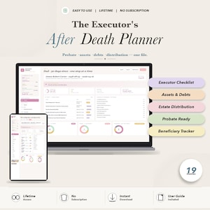 May include: A digital planner titled "The Executor's After Death Planner" displayed on a laptop and tablet. The interface shows data organization with options for executor checklists, assets, debts, and estate distribution. Additional features include probate readiness and beneficiary tracking.