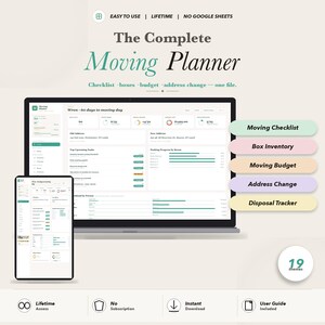 May include: A digital moving planner displayed on a laptop and tablet. The planner includes sections for checklists, box inventory, budget, address changes, and disposal tracking. The text reads "The Complete Moving Planner."