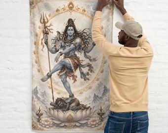 May include: A rectangular wall tapestry featuring a detailed illustration of the Hindu deity Shiva in a dancing pose. Shiva is depicted with blue skin, holding a trident, standing on a figure atop a lotus flower, framed by an ornate gold border.