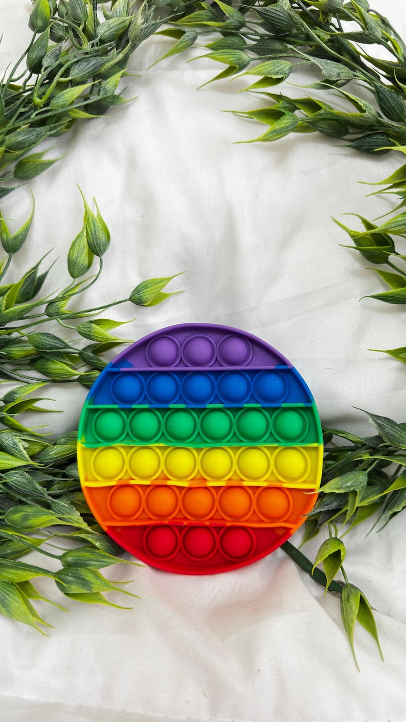 May include: A round, rainbow-colored Pop It fidget toy. The toy features a series of circular bubbles in a spectrum of colors, including red, orange, yellow, green, blue, and purple. The toy is surrounded by green foliage.