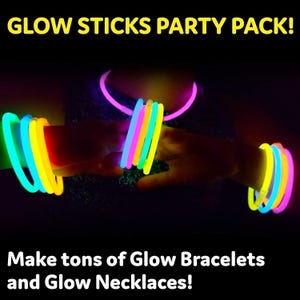 May include: A selection of brightly coloured glow sticks, forming bracelets and a necklace. The image shows a variety of colours, including yellow, green, blue, pink, and orange. Text reads: GLOW STICKS PARTY PACK! Make tons of Glow Bracelets and Glow Necklaces!