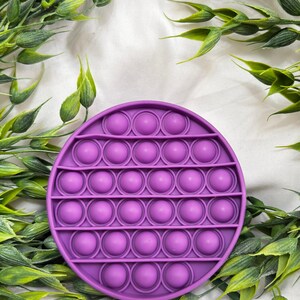 May include: A round, purple Pop It fidget toy with multiple bubble-like depressions. The toy is surrounded by green leafy sprigs against a white background. This sensory toy is designed for stress relief and tactile play.