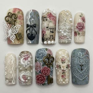 Vintage Coquette Press On Nails Handmade Nails Custom Fake Glue On Nails Vintage Rose Music Note Lace Cross Key Butterfly Pearl Pink Blue