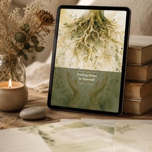 Può includere: Un tablet digitale mostra la copertina del libro "Coming Home to Yourself". La copertina presenta un'illustrazione ad acquerello di radici di alberi e mani. La scena comprende una candela accesa, fiori secchi, una pila di libri e carta decorativa su una superficie di legno.