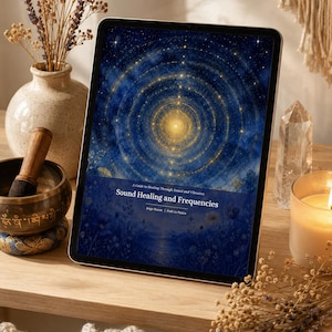 May include: A tablet displaying a digital cover titled Sound Healing and Frequencies, A Guide to Healing Through Sound and Vibration by Ange Rouse | Path to Peace, featuring a dark blue starry sky with concentric golden light rings.