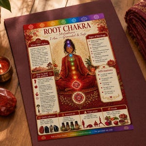Pu&ograve; includere: Un poster educativo rettangolare intitolato Root Chakra Muladhara I Am Grounded & Safe, con un'illustrazione centrale di una persona che medita con punti chakra luminosi, circondata da riquadri di testo su metodi di guarigione, affermazioni e blocchi.