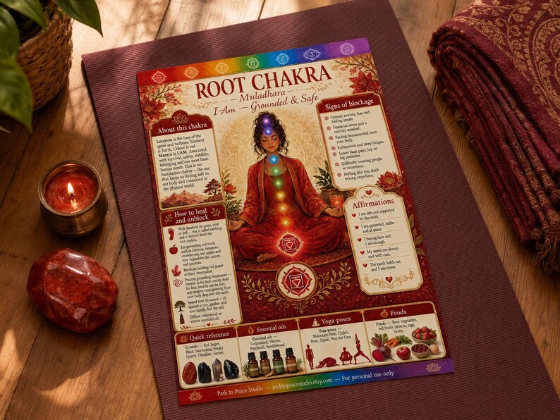 Pu&ograve; includere: Un poster educativo rettangolare intitolato Root Chakra Muladhara I Am Grounded & Safe, con un'illustrazione centrale di una persona che medita con punti chakra luminosi, circondata da riquadri di testo su metodi di guarigione, affermazioni e blocchi.