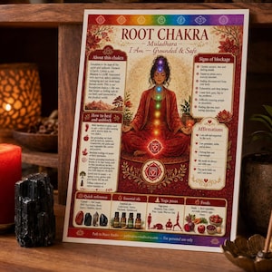 Pu&ograve; includere: Un poster educativo rettangolare intitolato Root Chakra Muladhara I Am Grounded & Safe, con un'illustrazione centrale di una persona che medita in abiti rossi con sette punti chakra colorati, circondata da testo, icone e diagrammi.