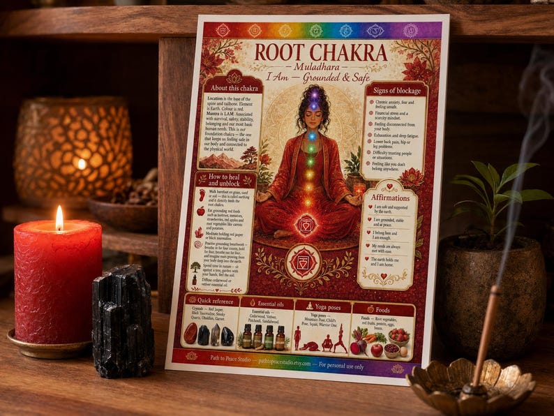 Pu&ograve; includere: Un poster educativo rettangolare intitolato Root Chakra Muladhara I Am Grounded & Safe, con un'illustrazione centrale di una persona che medita in abiti rossi con sette punti chakra colorati, circondata da testo, icone e diagrammi.