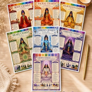 Puede incluir: Siete tarjetas informativas rectangulares que detallan los chakras Raíz, Sacro, Plexo Solar, Corazón, Garganta, Tercer Ojo y Corona, cada una con una figura en meditación, acompañadas de siete piedras pulidas con símbolos de chakras grabados.