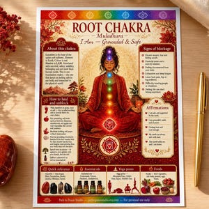 Pu&ograve; includere: Un poster educativo rettangolare intitolato ROOT CHAKRA Muladhara I Am - Grounded & Safe. Il poster presenta un'illustrazione centrale di una persona che medita in abiti rossi con punti chakra luminosi, circondata da caselle di testo che descrivono informazioni sui chakra, segni di blocco, affermazioni, oli essenziali, posizioni yoga e alimenti.