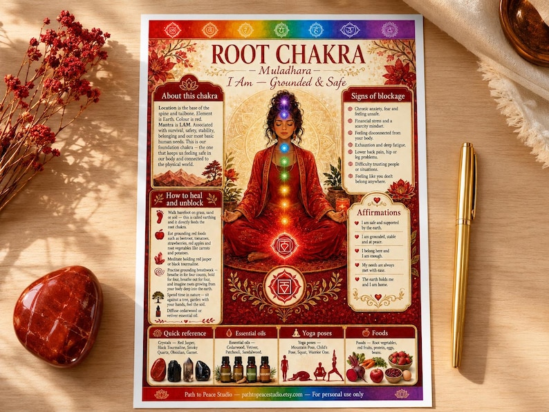 Pu&ograve; includere: Un poster educativo rettangolare intitolato ROOT CHAKRA Muladhara I Am - Grounded & Safe. Il poster presenta un'illustrazione centrale di una persona che medita in abiti rossi con punti chakra luminosi, circondata da caselle di testo che descrivono informazioni sui chakra, segni di blocco, affermazioni, oli essenziali, posizioni yoga e alimenti.
