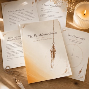 May include: A pendulum guide booklet with a gold-toned metal and clear crystal pendulum on a chain. The booklet cover features the text The Pendulum Guide Find Your Answers Within. Additional instructional cards include What Is a Pendulum, A Few Ground Rules, How to Ask Your Pendulum Questions, and a Yes / No Chart.