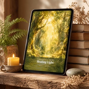 Könnte beinhalten: Ein digitales Tablet zeigt eine Waldszene mit dem Text "Healing Light". Eine brennende Kerze in einer kleinen Schale, ein Farn und ein Stapel Bücher befinden sich auf einer Holzoberfläche. Die Szene vermittelt ein Gefühl von Frieden und Ruhe.