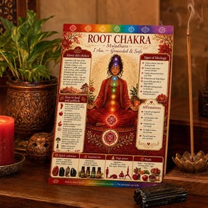 Puede incluir: Un póster educativo rectangular sobre el chakra raíz que presenta una ilustración central de una persona en posición de meditación sentada con puntos de chakra de colores brillantes, rodeado de secciones de texto que detallan bloqueos y afirmaciones.