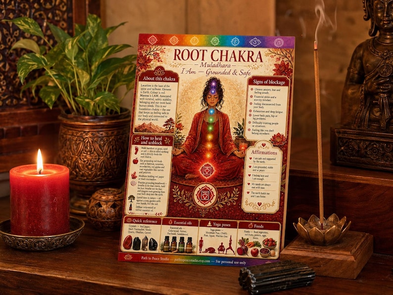 Pu&ograve; includere: Un poster educativo rettangolare sul chakra della radice con un'illustrazione centrale di una persona in posizione di meditazione seduta con punti chakra colorati e luminosi, circondato da sezioni di testo che descrivono blocchi e affermazioni.