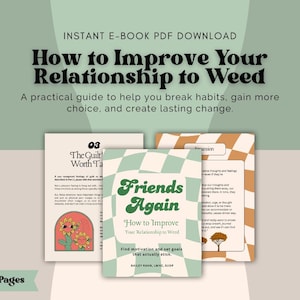 Può includere: Copertina di un e-book intitolata "How to Improve Your Relationship to Weed" con il testo "Friends Again" in un font retrò. La copertina ha un motivo a scacchiera in verde e bianco. Il libro ha 36 pagine.