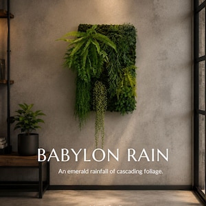 May include: A vertical wall garden with lush green foliage, including ferns and cascading plants, hangs on a textured gray wall. The text "BABYLON RAIN" and "An emerald rainfall of cascading foliage" are displayed below the garden.
