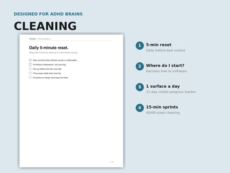 May include: A cleaning guide titled "Designed for ADHD Brains" with a checklist for a 5-minute reset. The guide includes a decision tree, a 31-day progress tracker, and 15-minute cleaning sprints. The background is light blue.