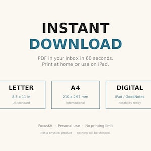 May include: Cream-colored digital download graphic with the words "INSTANT DOWNLOAD" in black and teal. Includes options for Letter size (8.5 x 11 in), A4 size (210 x 297 mm), and digital formats for iPad/GoodNotes.