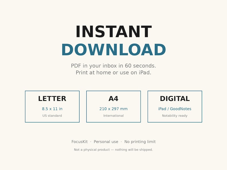 May include: Cream-colored digital download graphic with the words "INSTANT DOWNLOAD" in black and teal. Includes options for Letter size (8.5 x 11 in), A4 size (210 x 297 mm), and digital formats for iPad/GoodNotes.