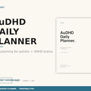 May include: A digital planner titled "AuDHD Daily Planner" with the text "Calm planning for autistic + ADHD brains." The planner is available for instant download in Letter and A4 sizes. The design is minimalist with a white background and teal accents.