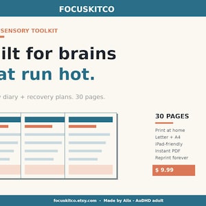 May include: A digital toolkit titled "AuDHD Sensory Toolkit" with the text "Built for brains that run hot." The image includes a sensory diary and recovery plans, with 30 pages. The toolkit is available as a print-at-home PDF.