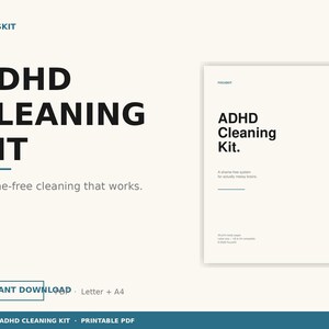 May include: A digital download product titled "ADHD Cleaning Kit" with the text "Shame-free cleaning that works." A smaller version of the kit is on the right. The product is available for instant download.