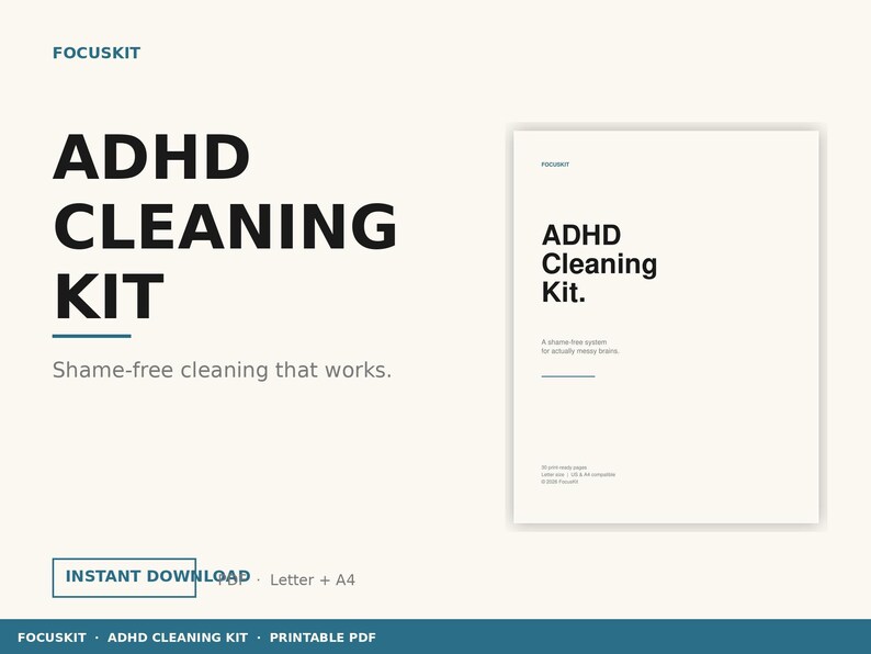 May include: A digital download product titled "ADHD Cleaning Kit" with the text "Shame-free cleaning that works." A smaller version of the kit is on the right. The product is available for instant download.