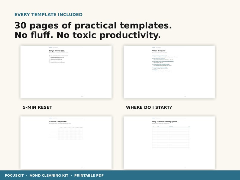 May include: A digital product with four white pages displaying templates for cleaning and organization. The text reads "Every Template Included" and "30 pages of practical templates. No fluff. No toxic productivity." The product is a printable PDF.