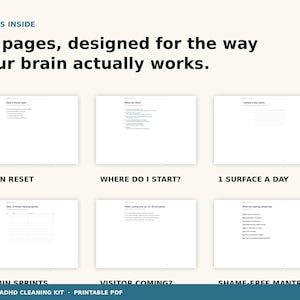 May include: A printable PDF with 30 pages designed for ADHD cleaning. The image shows six pages with titles like "5-Min Reset" and "Where Do I Start?" The text "What's Inside" is at the top.