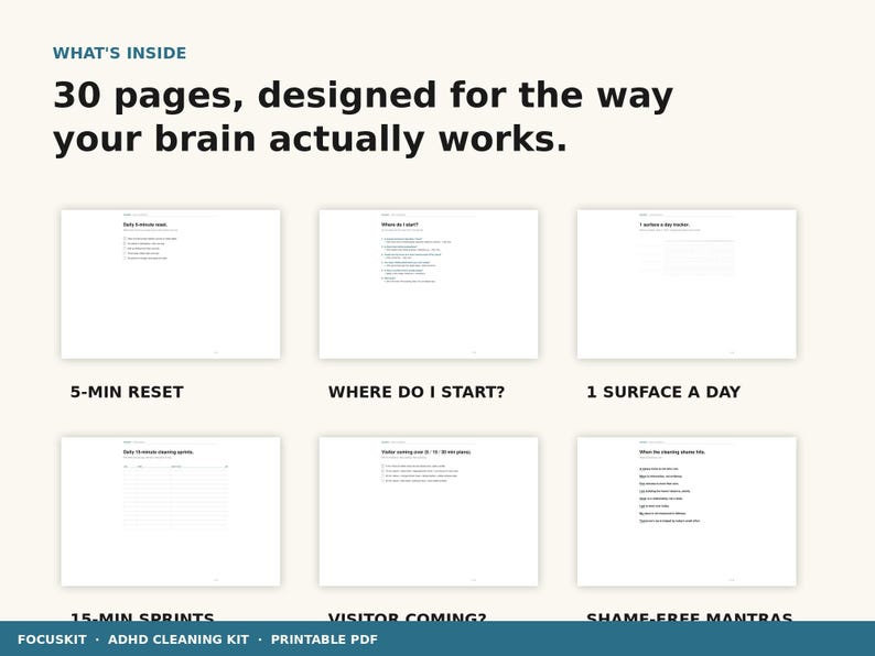 May include: A printable PDF with 30 pages designed for ADHD cleaning. The image shows six pages with titles like "5-Min Reset" and "Where Do I Start?" The text "What's Inside" is at the top.