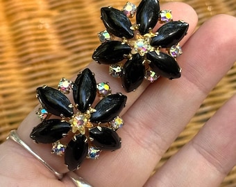 Vintage Black & AB Rhinestone Gold Tone Flower Clip on Earrings